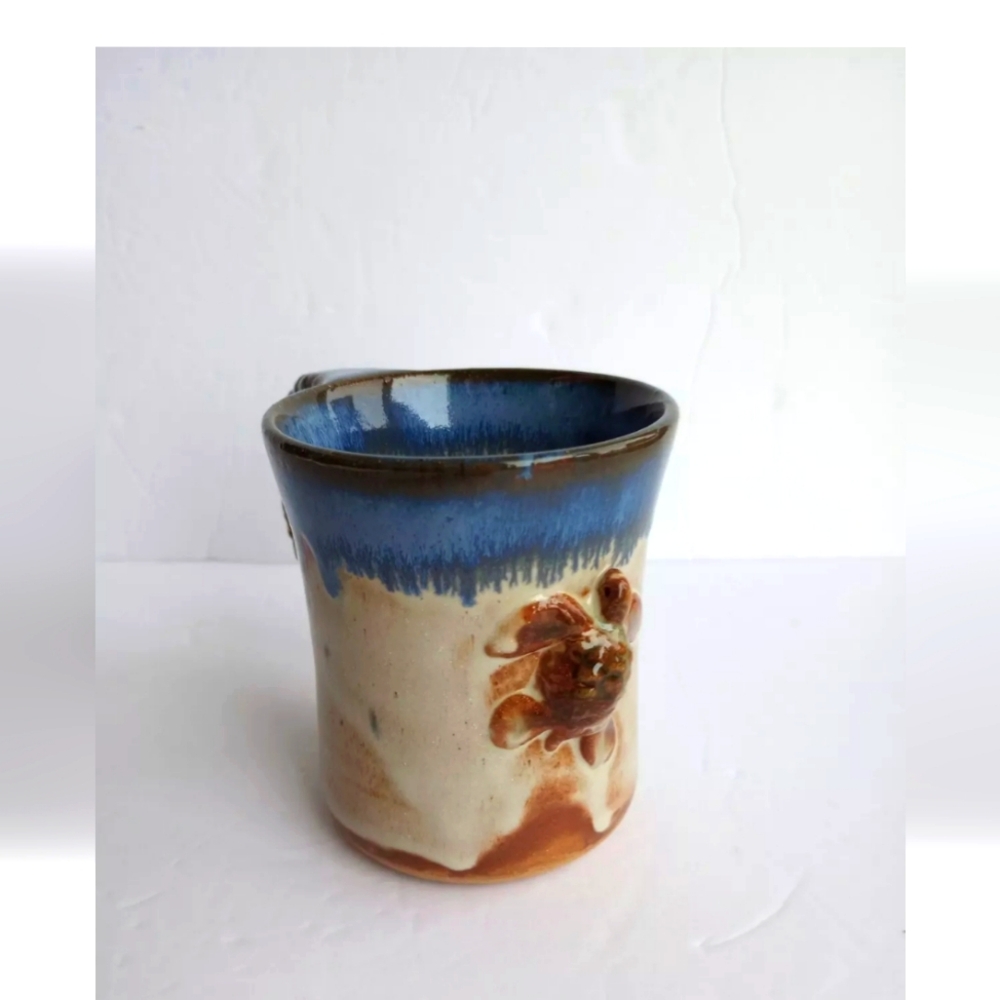 Sea Turtle Stoneware Pottery Cup Mug Beige and Blue, Glazed Enamel Potte…